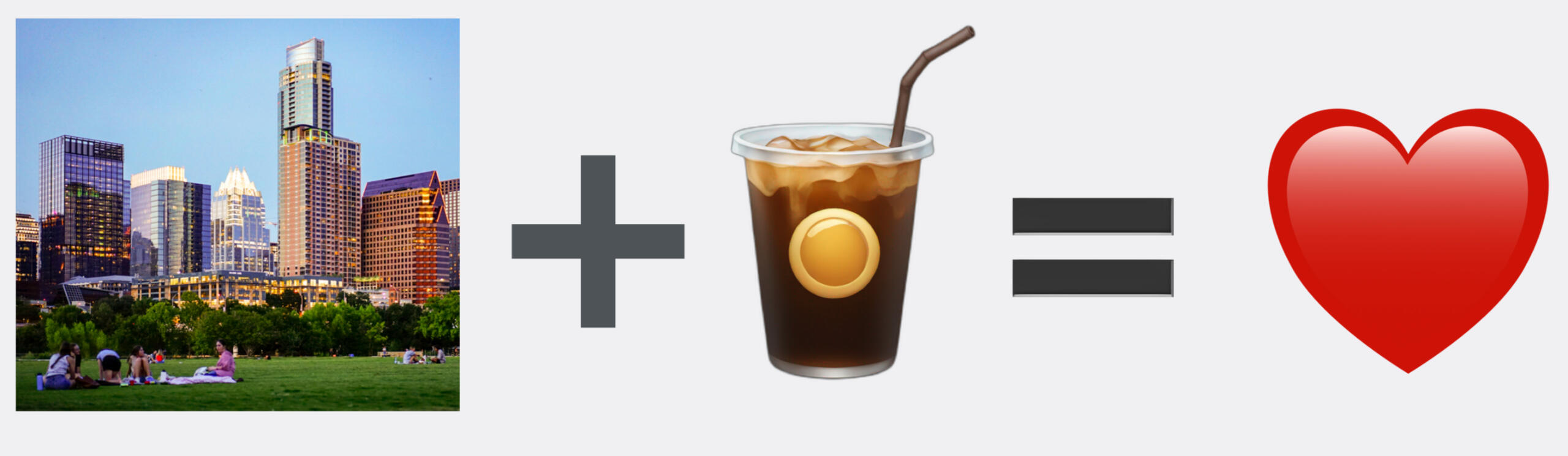 Austin, Texas skyline with nitro cold brew coffee and heart icon, representing the perfect combination of location and beverage for elevating everyday experiences.